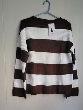 Women’s Brown and White Striped Sweater - Size M Color white and coffee